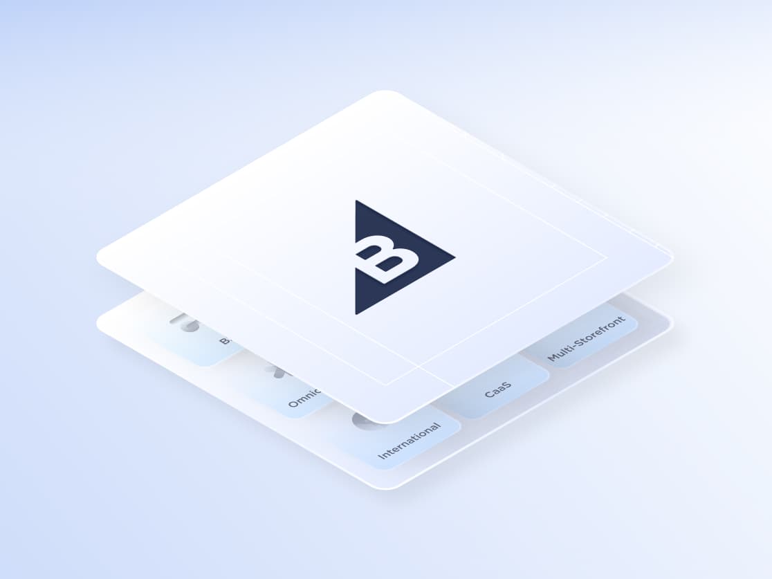 Digitale Karten im Stapelformat, die BigCommerce-Funktionen wie Multi-Storefront, CaaS und International präsentieren.